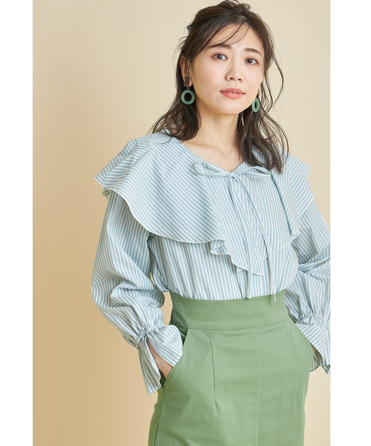 先染めストライプフリルブラウス※WEB Store限定販売