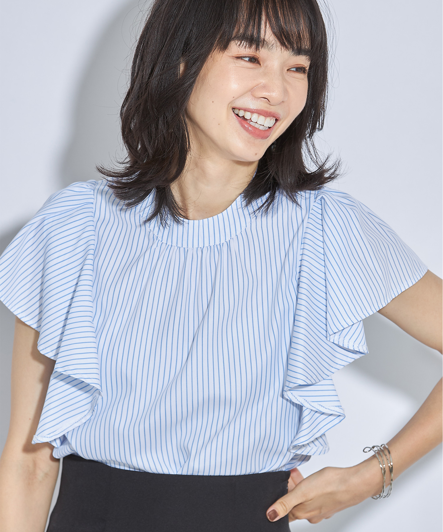 前後２WAYストライプラッフルブラウス※WEB Store限定販売
