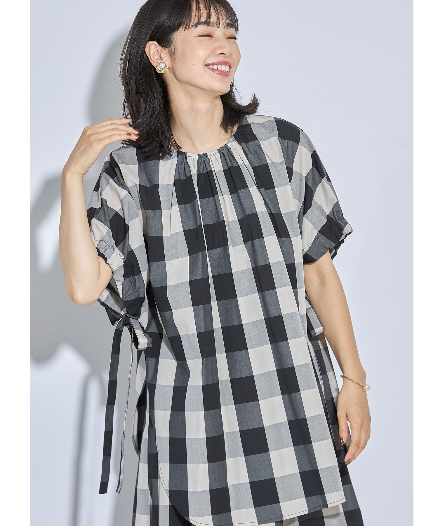 サイドリボンブロックチェックブラウス※WEB Store限定販売