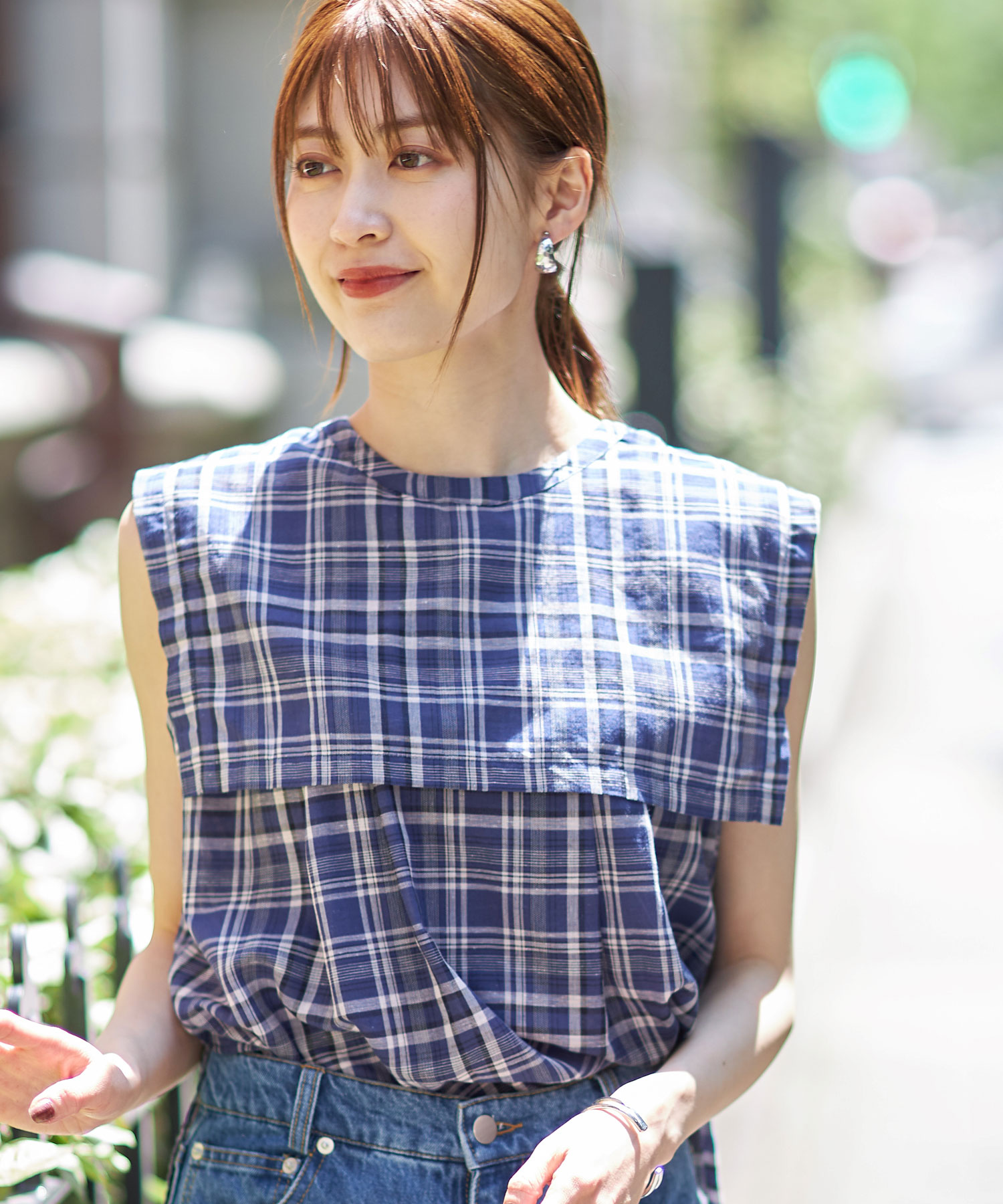 前後2WAYセーラーケープチェックリネンブラウス※WEB Store限定販売