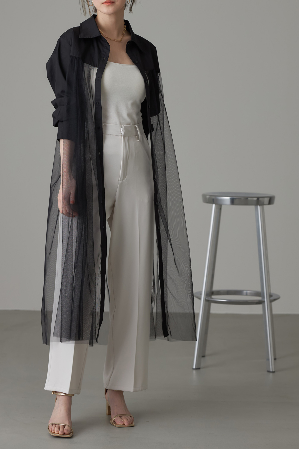 5/10 オフィシャルサイト限定少量再販！チュール切替ロングシャツ※一部店舗のみ入荷＊少量の在庫確保による再販売の為、返品/交換は出来かねる場合がございます。予めご了承ください。＊