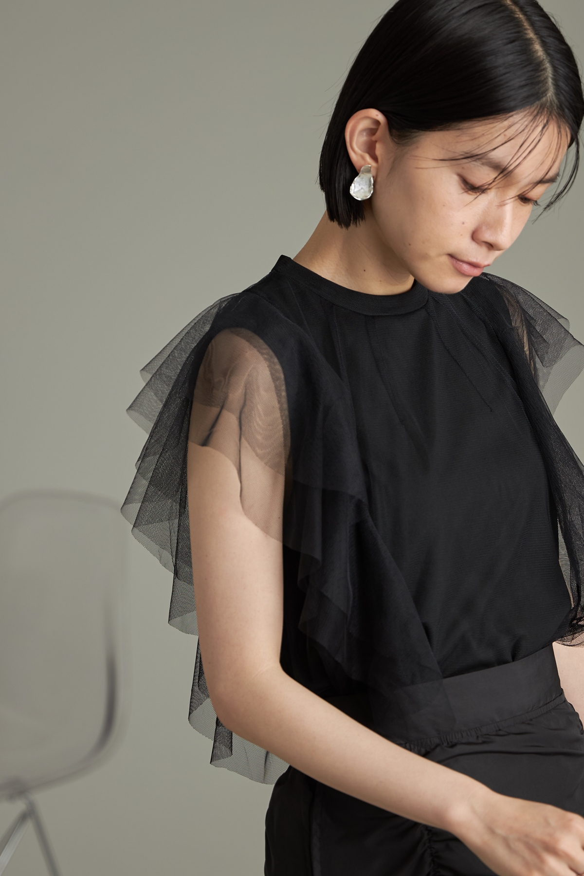 【WEB限定】天竺×チュール袖フリルプルオーバー