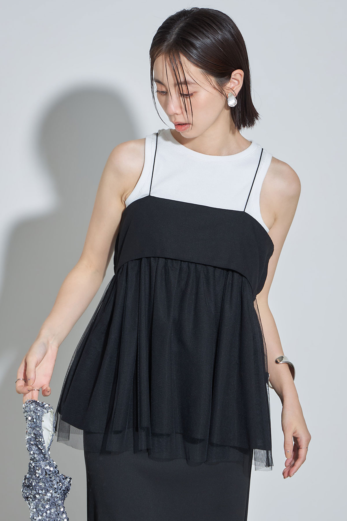 【ikumiさんバイイング】【WEB限定】チュールドッキングリネン混キャミソール