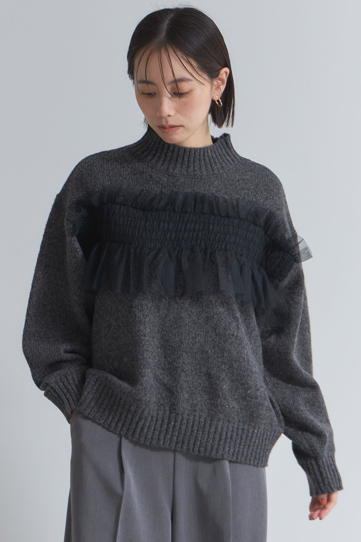 10月3日オフィシャルサイト限定少量再販！ミックスヤーンチュールドッキングニットプルオーバー