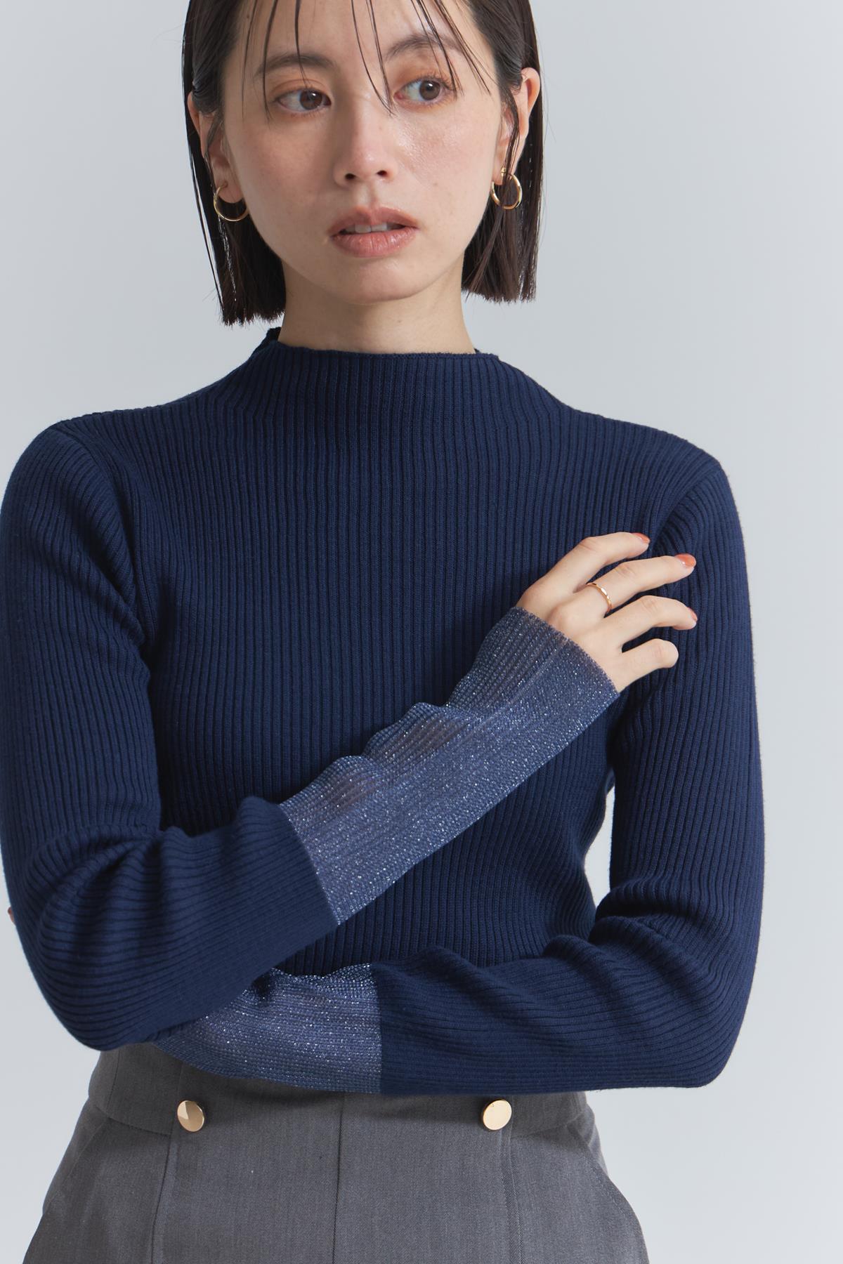 【AW SALE】袖配色ラメタートルニットプルオーバー＊SALE品につき返品/交換/注文確定後の変更キャンセル不可＊