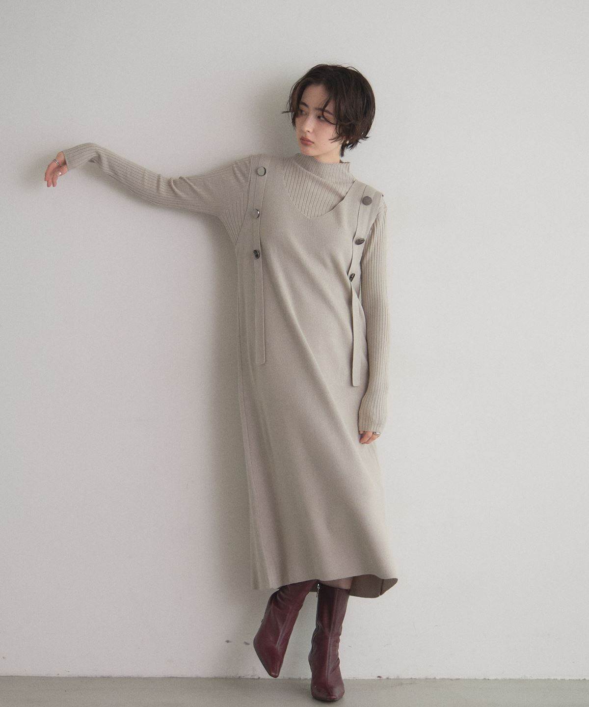 12月2日オフィシャルサイト限定再販！ハイネックニット×ジャンスカレイヤードワンピース