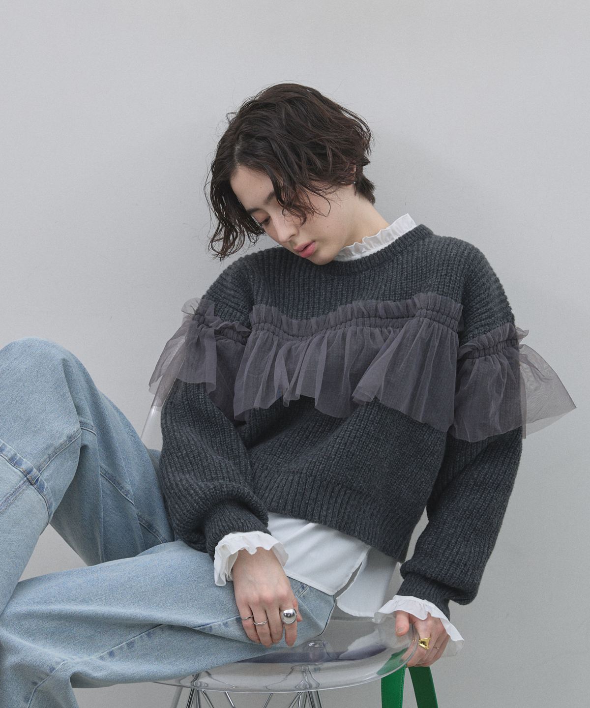1月21日オフィシャルサイト限定再販！畦編みチュールフリルニットプルオーバー