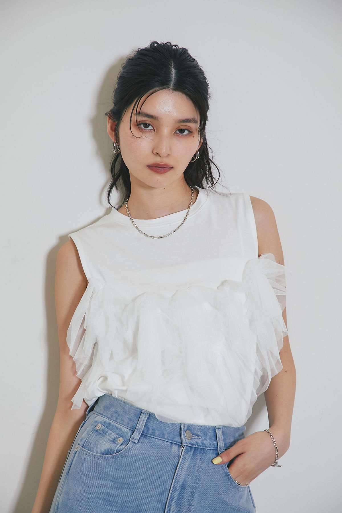 【WEB限定】チュールフリルドッキングカットソー