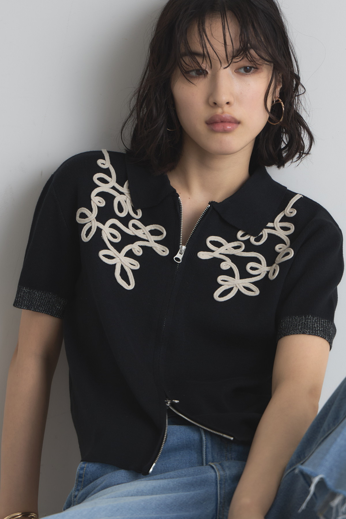 コード刺繍Wジップニットカーディガン※一部店舗のみ入荷