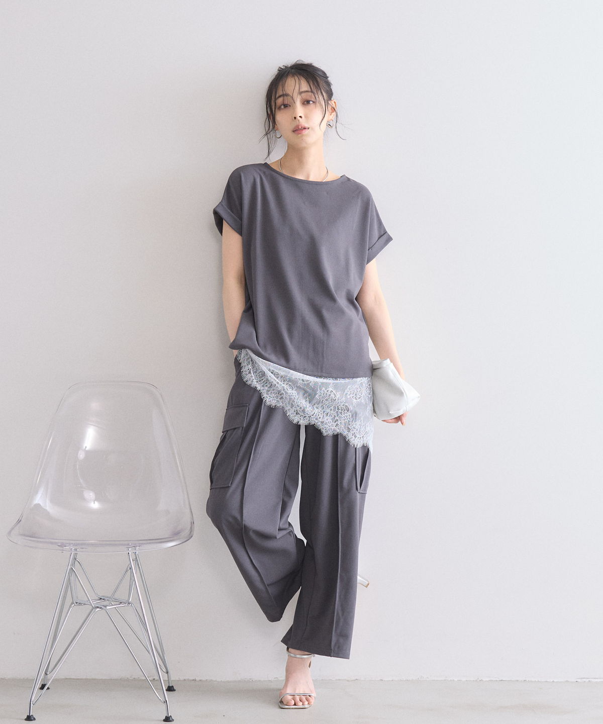 ペアスキンフレンチスリーブトップス×カーゴパンツセット