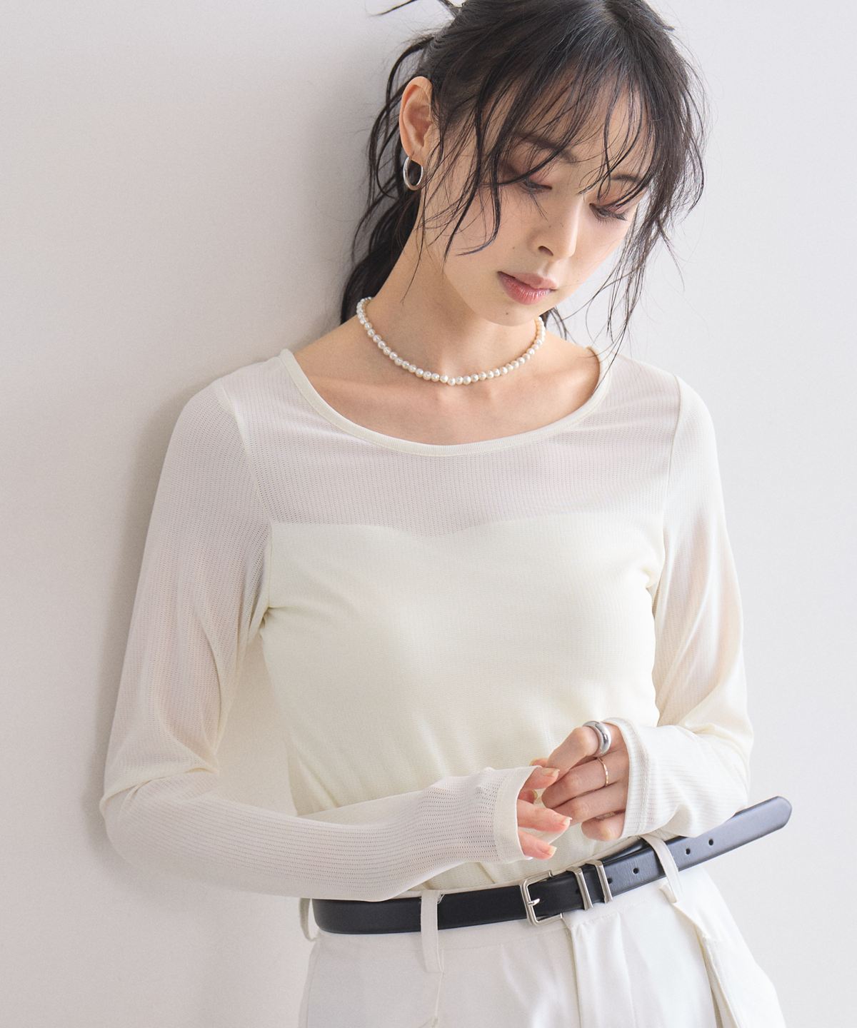 【接触冷感・抗菌消臭・UVカット】カップ付きシアーレースロンT