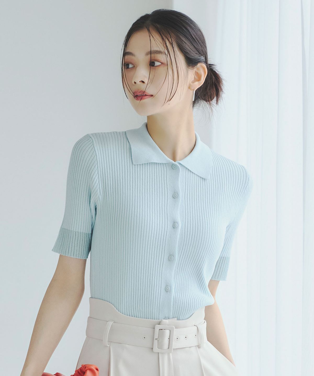 メタリックシアーアクセントニットポロカーデ