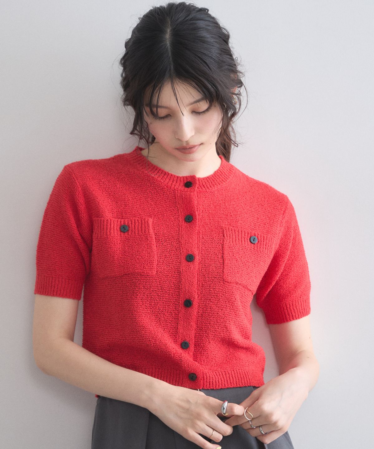 ポケット付きガーターニットカーデ