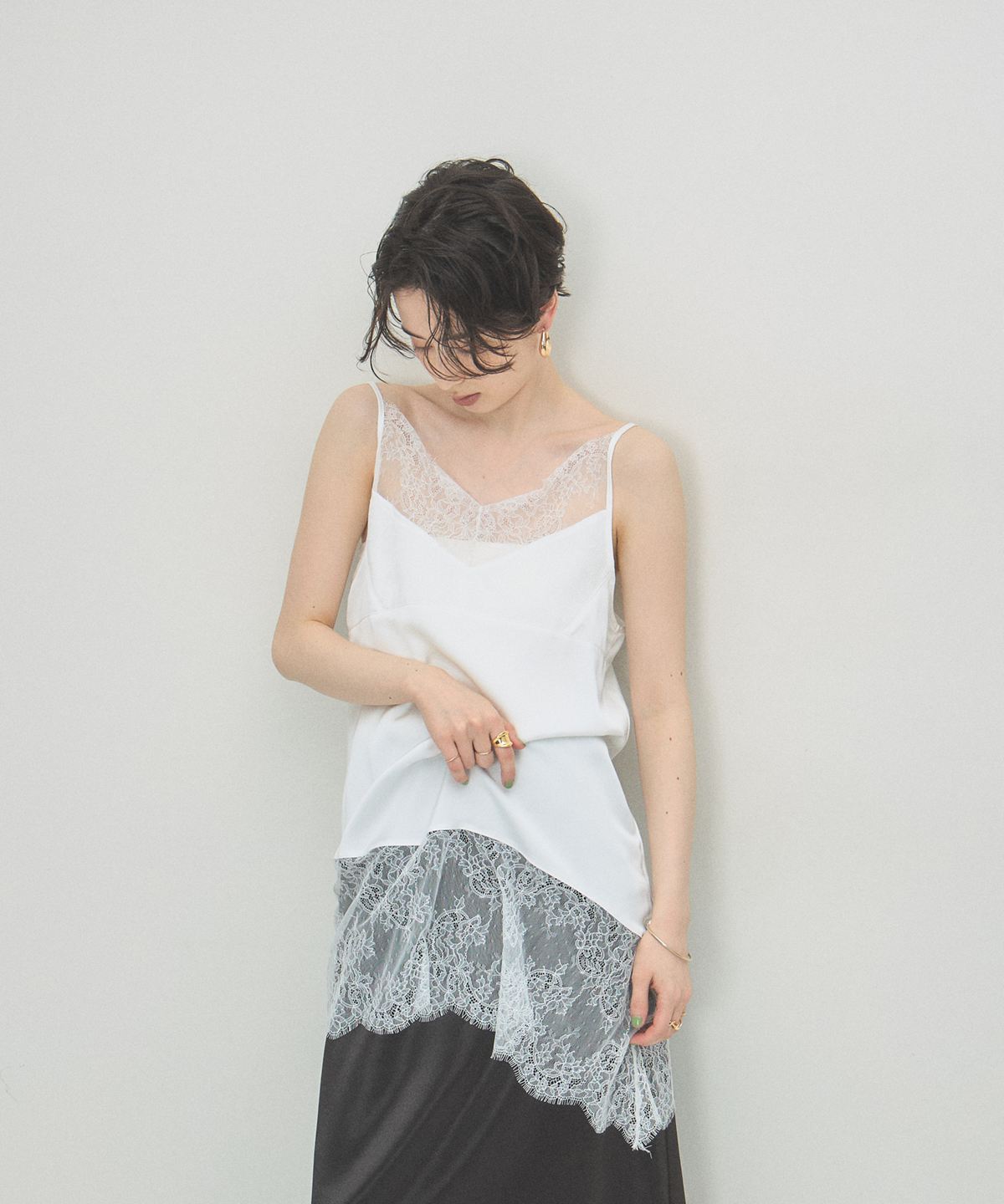 【裾が選べる】レース切替サテンキャミ（アシメ/ストレート）