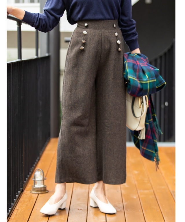 ウール混ツイードボタンワイドパンツ