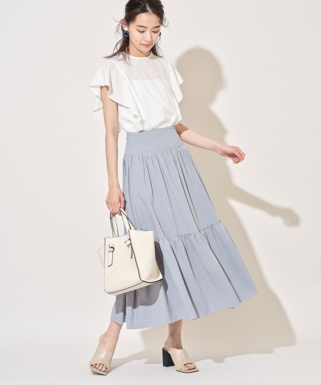 スカート　ストーリーライター　古川本舗　セット 成瀬愛里さん着用》バックリボンストライプギャザースカート