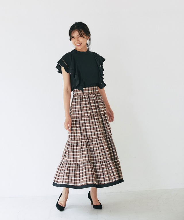 配色ラインチェックティアードスカート