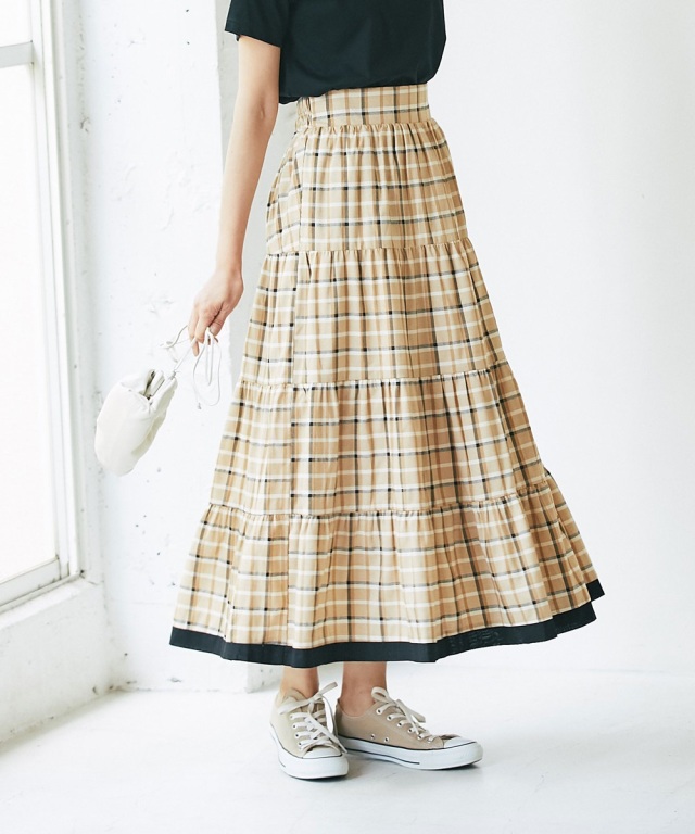 配色ラインチェックティアードスカート