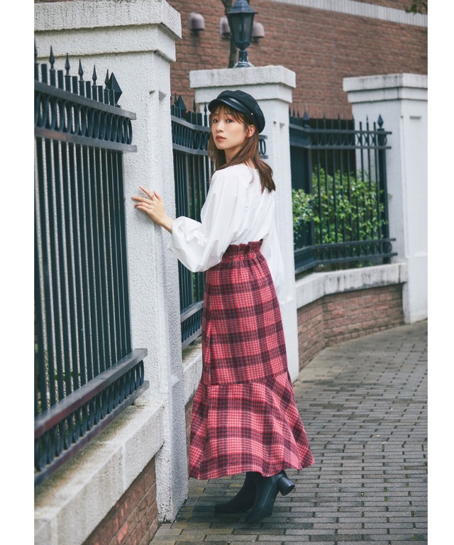エムミーエメ チェックロングマーメイドワンピース赤 石井亜美さんコラボ》起毛チェックマーメイドスカート