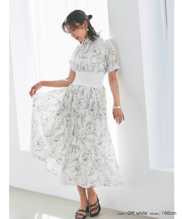 ワンピース ハイウエスト レース プリント プリーツ S/M/L ラインフラワーウエストリブオフプリーツワンピース
