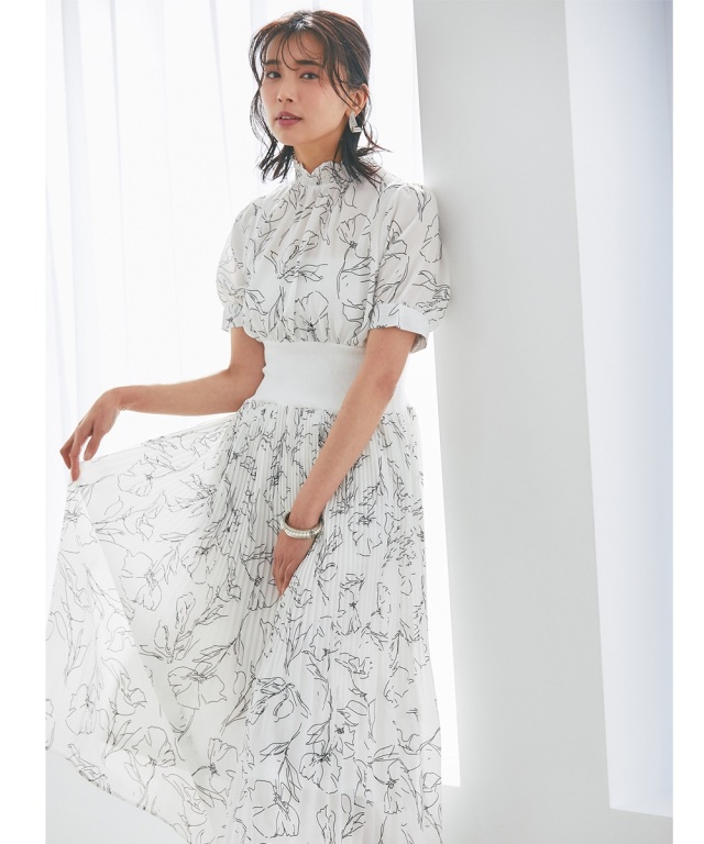 ラインフラワーウエストリブオフプリーツワンピース 