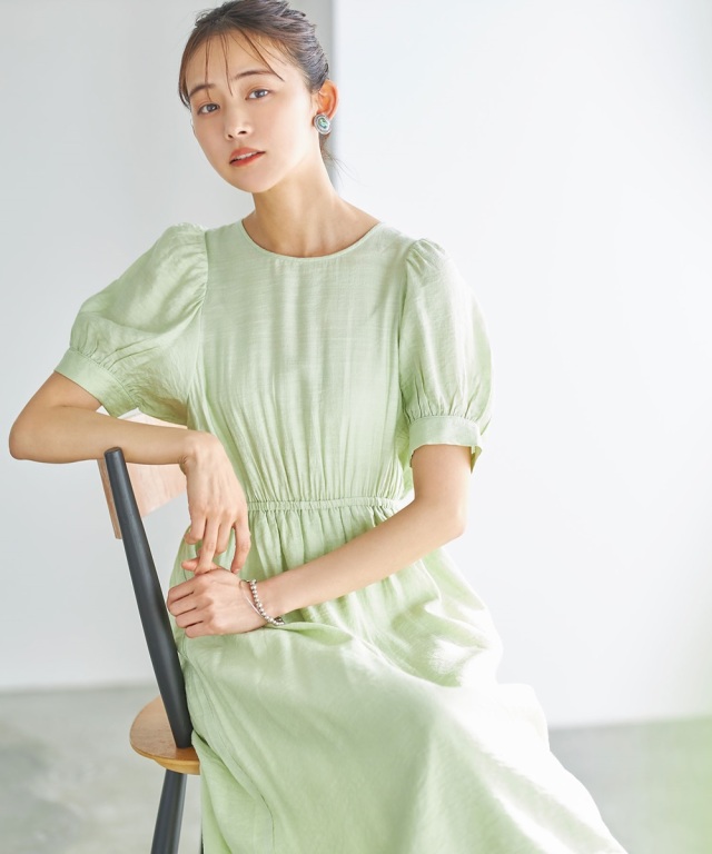 バックネックリボンボリュームスリーブワンピース バックネックリボンボリュームスリーブワンピース