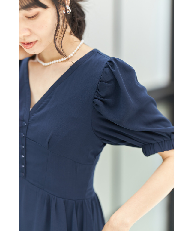 パフスリーブガーゼフレアワンピース