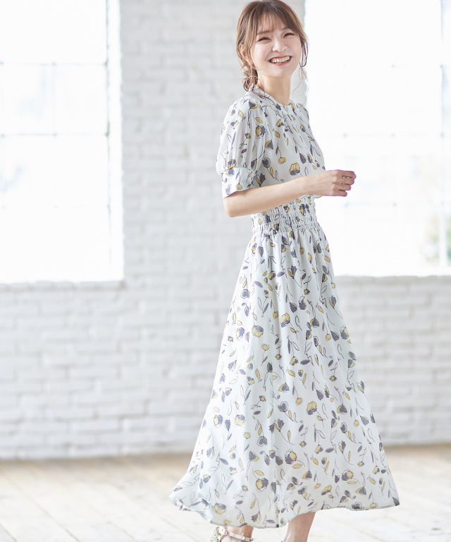 成瀬愛里さん着用》ラインフラワーウエストシャーリングワンピース 