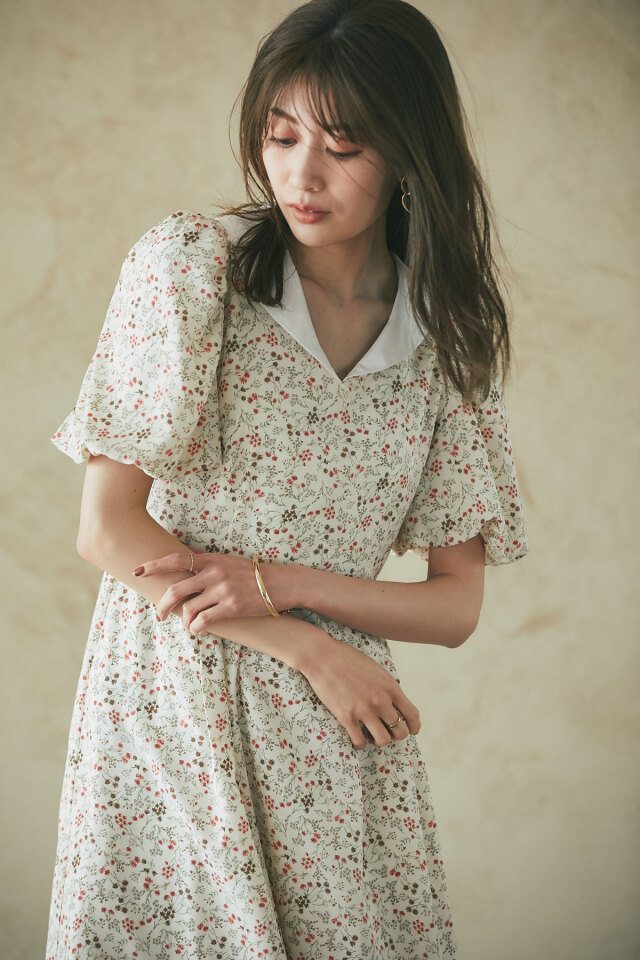 ショールカラーフラワーワンピース 