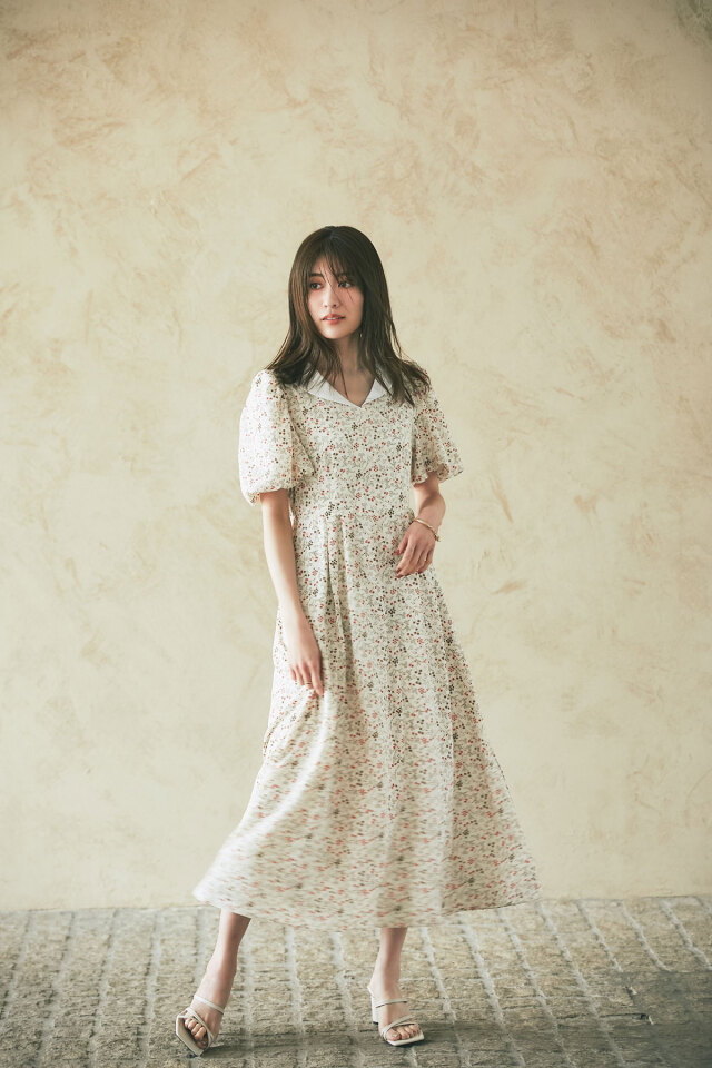 ショールカラーフラワーワンピース 