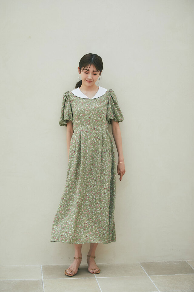 ショールカラーフラワーワンピース