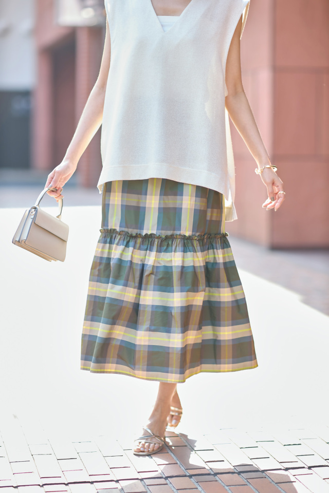 チェックタフタティアードスカート 