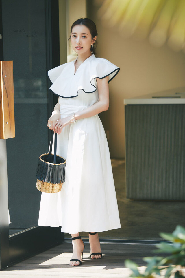 【美品】フレイアイディー ホールロングワンピース バイカラー 配色 冨張愛さん着用】配色パイピングワンピース