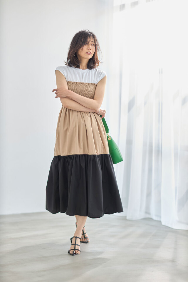 2WAY配色ティアードワンピース