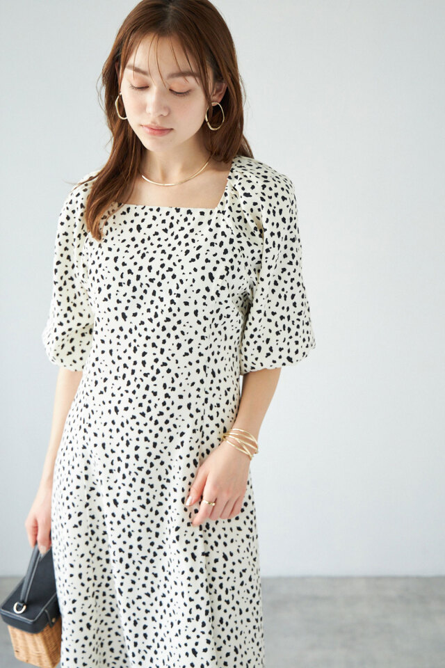 【イージーケアアイテム】【Nanaさん着用】ダルメシアンスクエアAラインワンピース※一部店舗のみ入荷