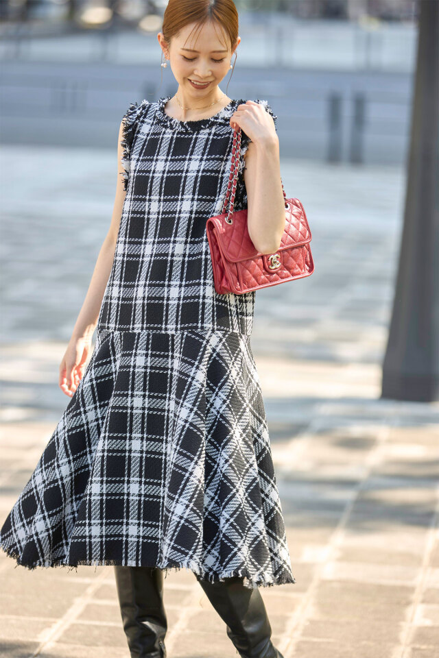 丸山真菜さん着用】チェックツイードフレアワンピース