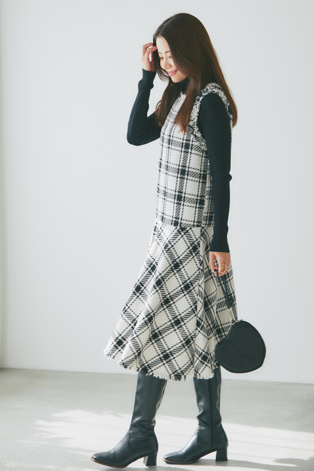 丸山真菜さん着用】チェックツイードフレアワンピース