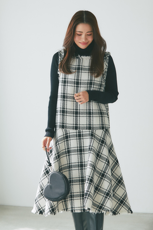 丸山真菜さん着用】チェックツイードフレアワンピース