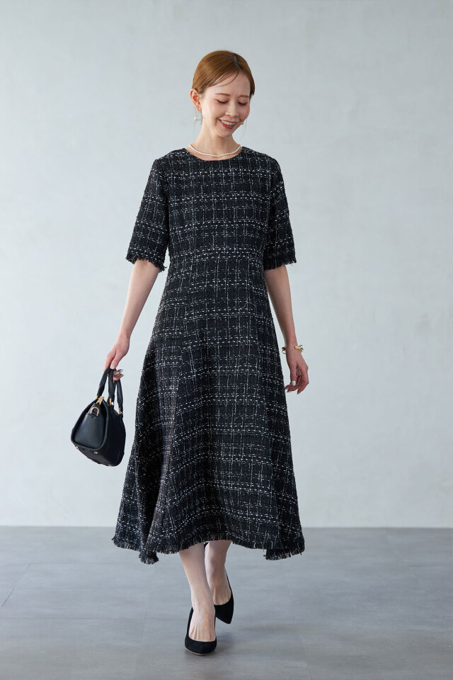 【美品】ビアズリー 定価2.5万 ツイード フレア ワンピース ブラック BEARDSLEY（ビアズリー）の「《ビアズリー》ツイードフレアワンピース