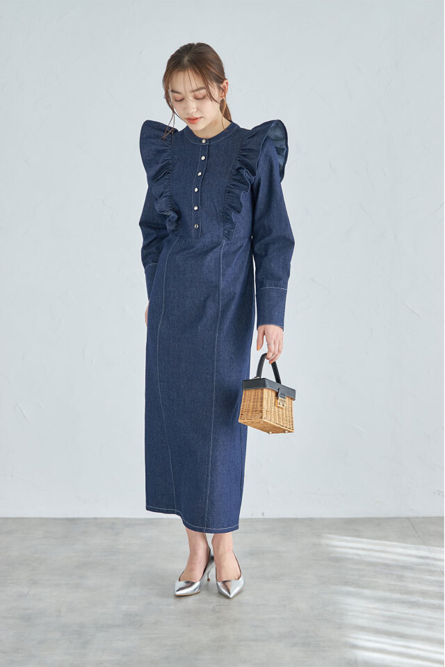 フリルデニムワンピース 