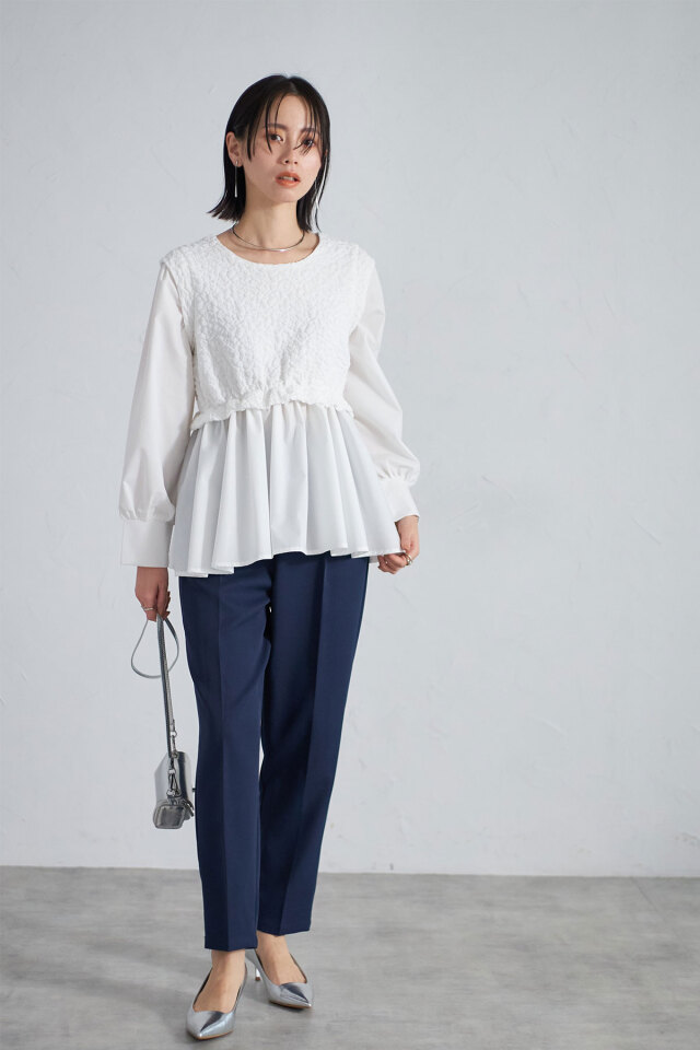 ふくれジャガードドッキングペプラムブラウス