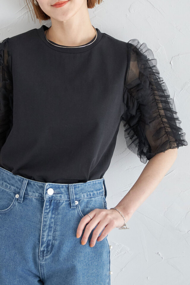 AD2020 21SS チュールフリルスリーブTシャツ 黒 パフスリーブ フリルチュールスリーブTシャツ