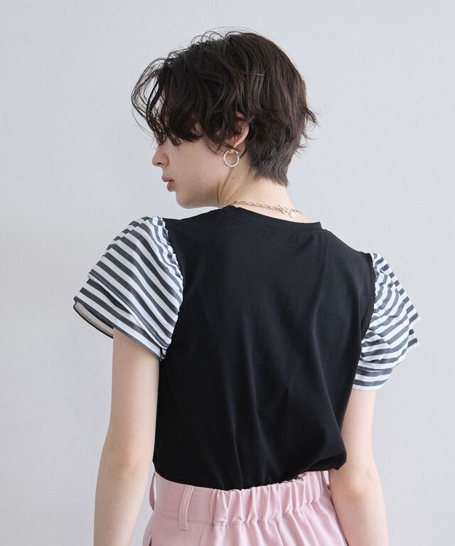 POPPY ティアードフリルスリーブTシャツ Tiered frill sleeve shirring t-shirt