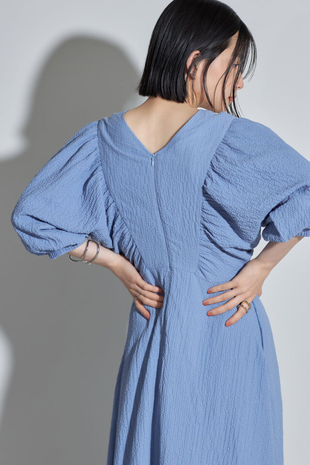 ヌキテパ ボイルギャザースリーブワンピース ブルー Cotton Voile Dot