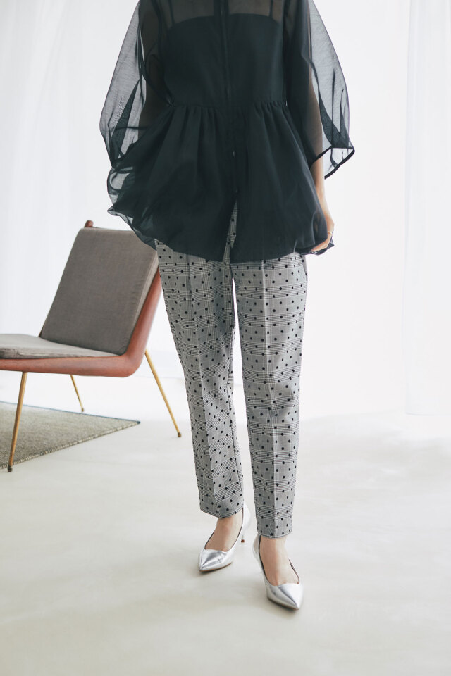 フロッキードットグレンチェックテーパードパンツ