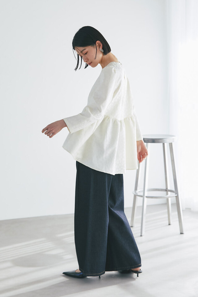 ELFRANK ブラウス シャツ カットジャガードペプラムチュニック丈