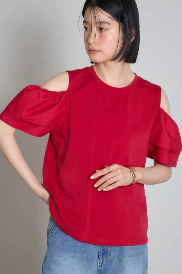 tシャツ フリルモチーフスリーブトップス レディース Fit more ブラウス シャツ フラワーモチーフロングスリーブ