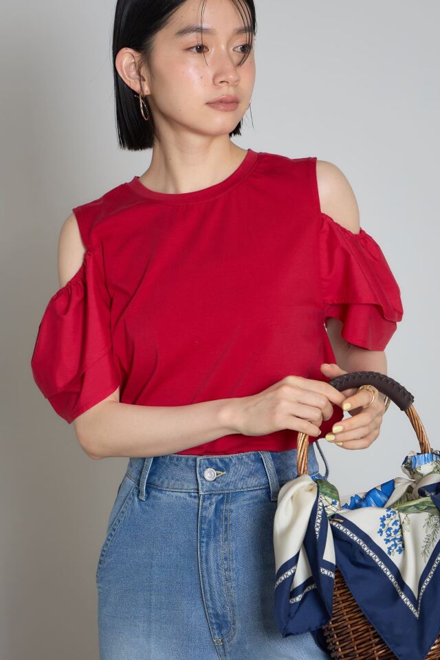 フリルオープンスリーブTシャツ