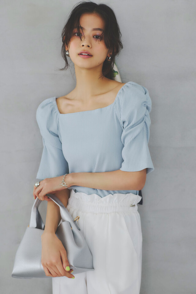 【2025 Summer SALE！】【松木育未さん着用】スクエアネックオフショルリブカットソー＊SALE品につき返品/交換/注文確定後の変更キャンセル不可＊