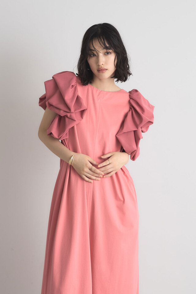 美品★Estella.K★パフスリーブ ボリュームワンピース オレンジボーダー ボリュームスリーブカットワンピース